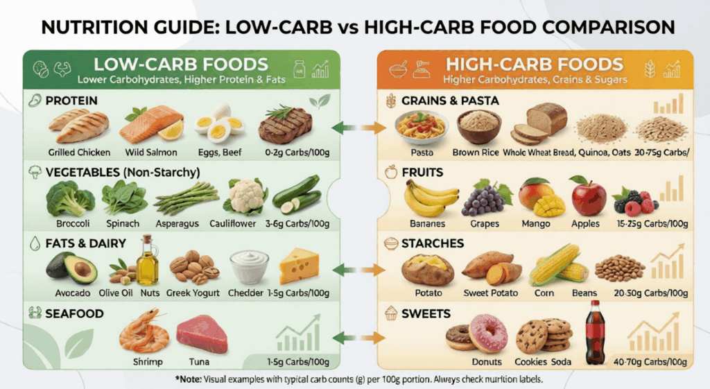 comparison of low carb and high carb food
