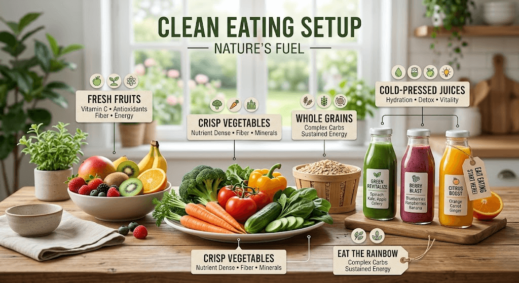 “clean eating setup with fresh fruits, vegetables and juices, infographic style labels, bright natural lighting, 4K”