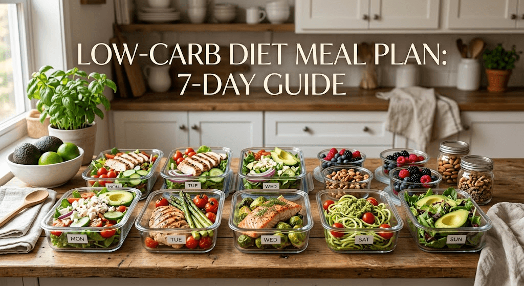 Low-carb diet meal plan with fresh salads, grilled proteins, and healthy snacks arranged for a 7-day guide.