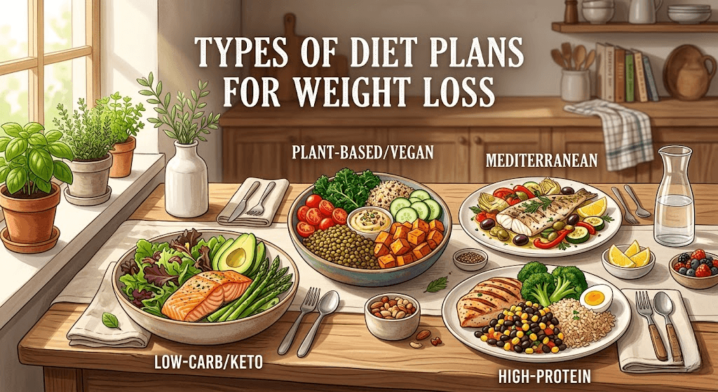 Visual overview of different diet plans for weight loss, including low-carb, plant-based, Mediterranean, and high-protein meals.
