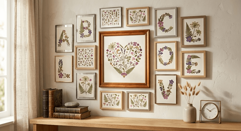 Collage of pressed flower art designs including heart shape, alphabet letters, and floral patterns, aesthetic gallery wall,