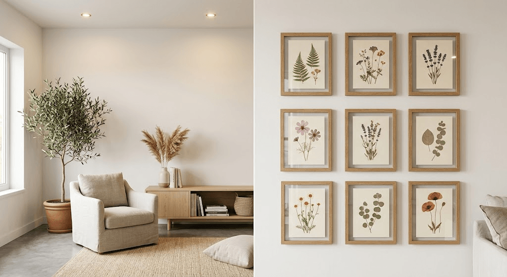 Minimalist gallery wall of pressed flower frames in modern home interior, clean aesthetic design, soft warm lighting