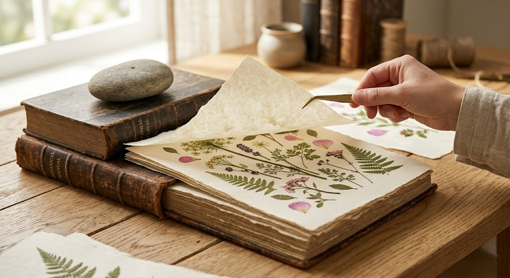 Flowers being pressed inside heavy books with parchment paper, realistic close-up DIY process, warm natural lighting