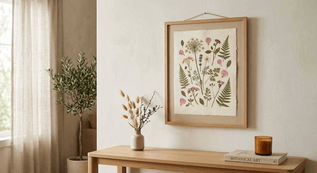 Elegant framed pressed flower wall art displayed on a minimalist wall, soft natural lighting, aesthetic home decor, ultra realistic 4K, cinematic composition