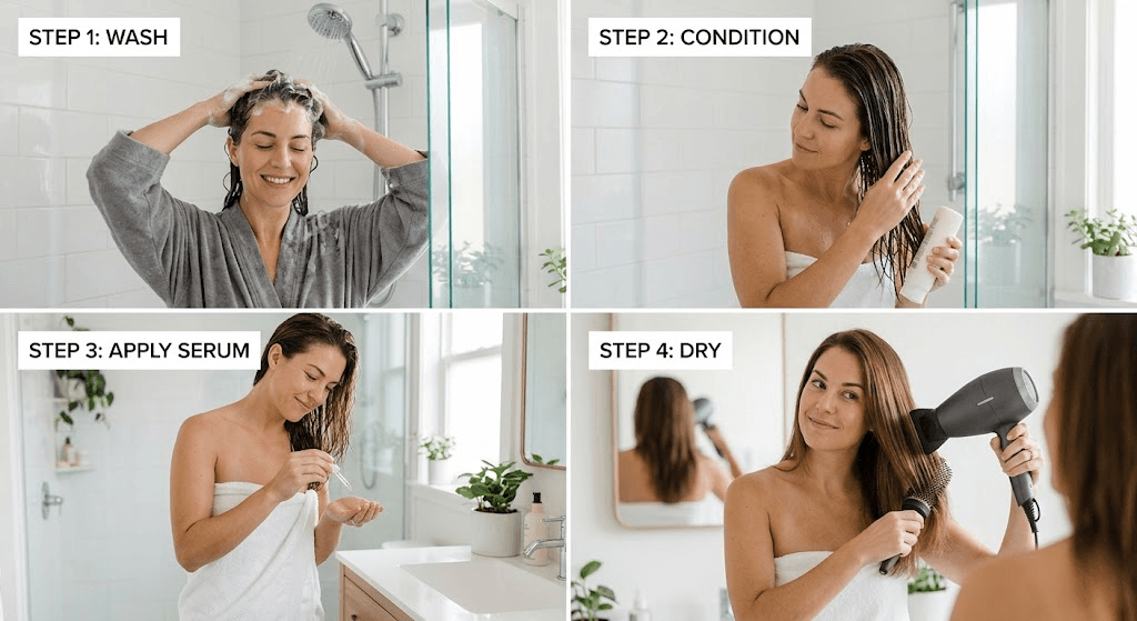 Step-by-step haircare routine to reduce frizz and keep hair smooth.