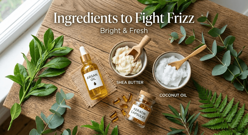 Natural ingredients like argan oil, shea butter, and coconut oil for anti-frizz haircare.