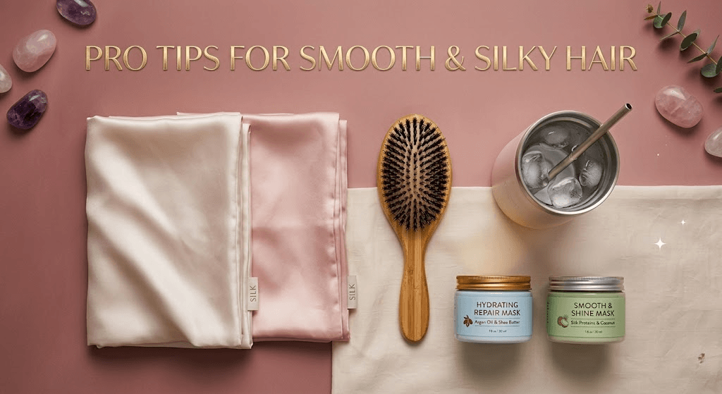 Silk pillowcase, hair mask, and tools to help smooth frizzy hair naturally.