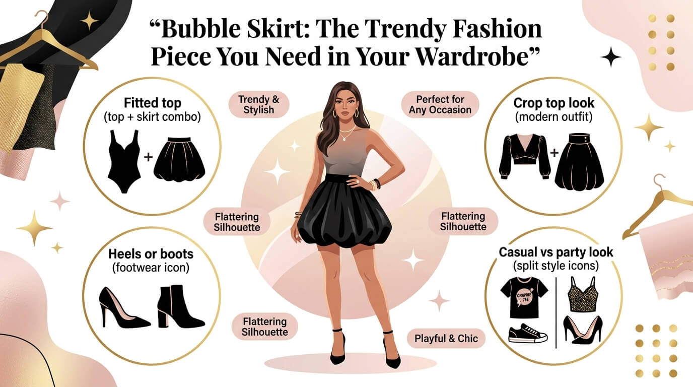 Infographic titled “Bubble Skirt: The Trendy Fashion Piece You Need in Your Wardrobe” showing a woman wearing a black bubble skirt styled with different outfit ideas, including fitted tops, crop tops, heels or boots, and casual vs party looks, highlighting a flattering silhouette and trendy appeal.