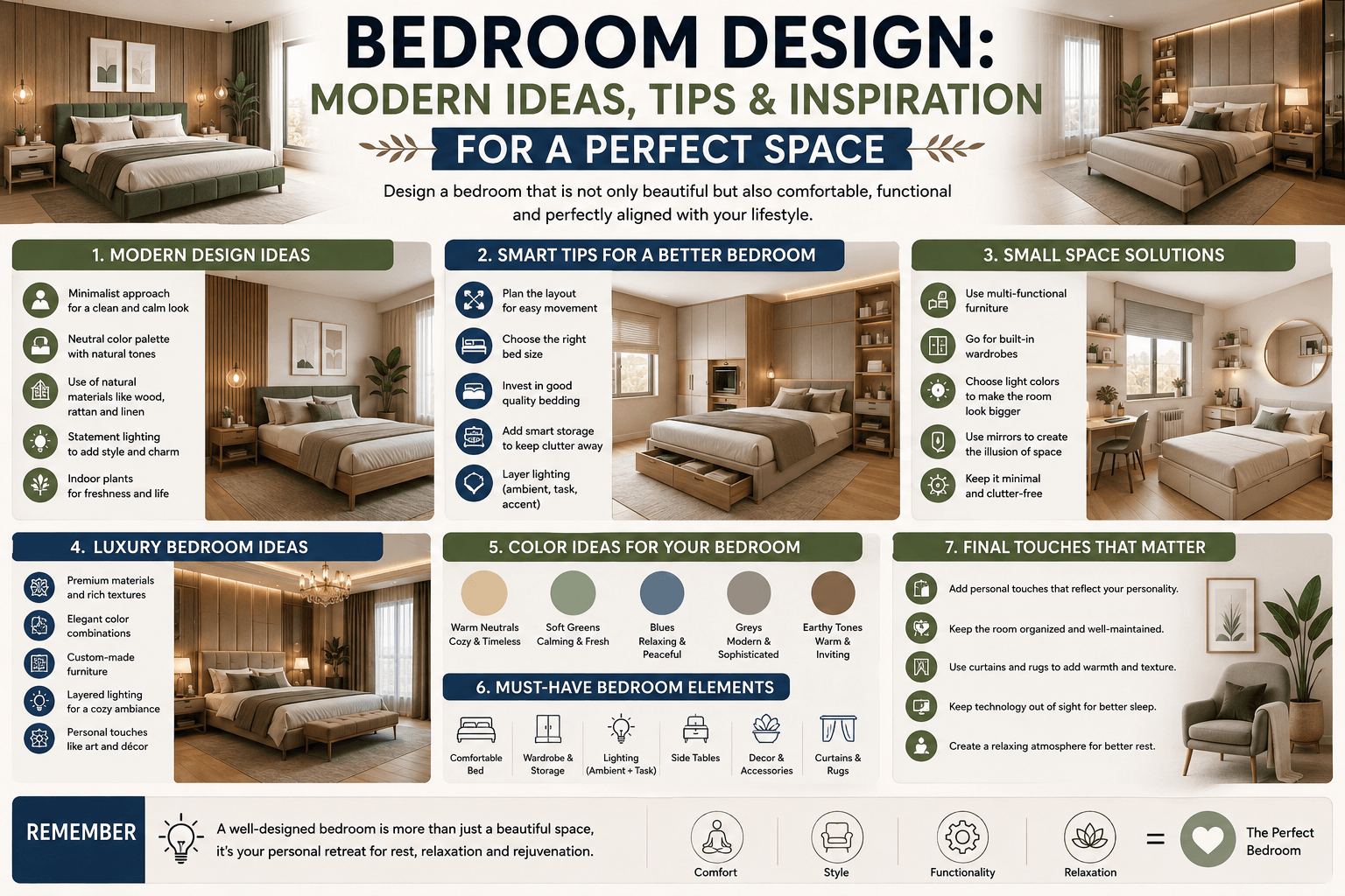 Infographic on bedroom design featuring modern ideas, smart tips, small space solutions, luxury bedroom inspiration, color palettes, and essential elements for creating a comfortable and stylish space.
