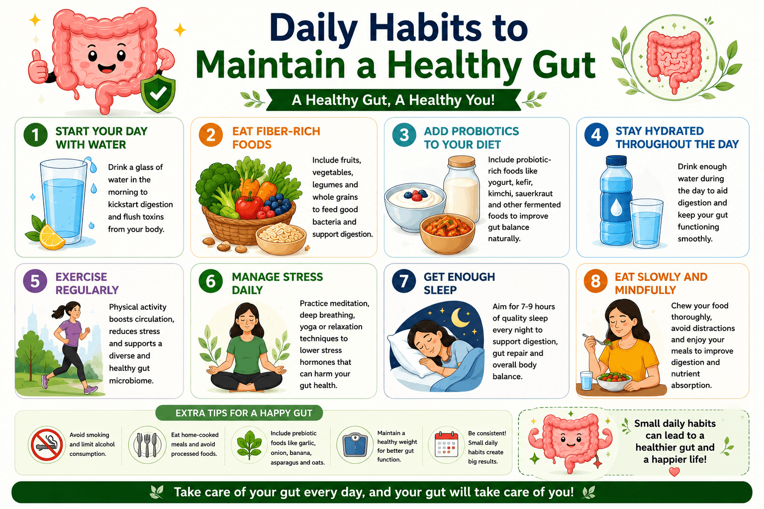 Infographic titled “Daily Habits to Maintain a Healthy Gut” showing 8 tips: drink water, eat fiber-rich foods, add probiotics, stay hydrated, exercise regularly, manage stress, get enough sleep, and eat mindfully, plus extra gut health tips.