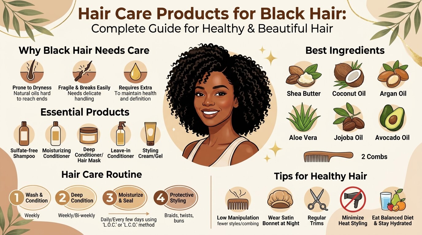 Infographic titled “Hair Care Products for Black Hair: Complete Guide for Healthy & Beautiful Hair” showing a woman with natural curly hair, sections on why black hair needs care, essential products, best ingredients, hair care routine, and tips for healthy hair.