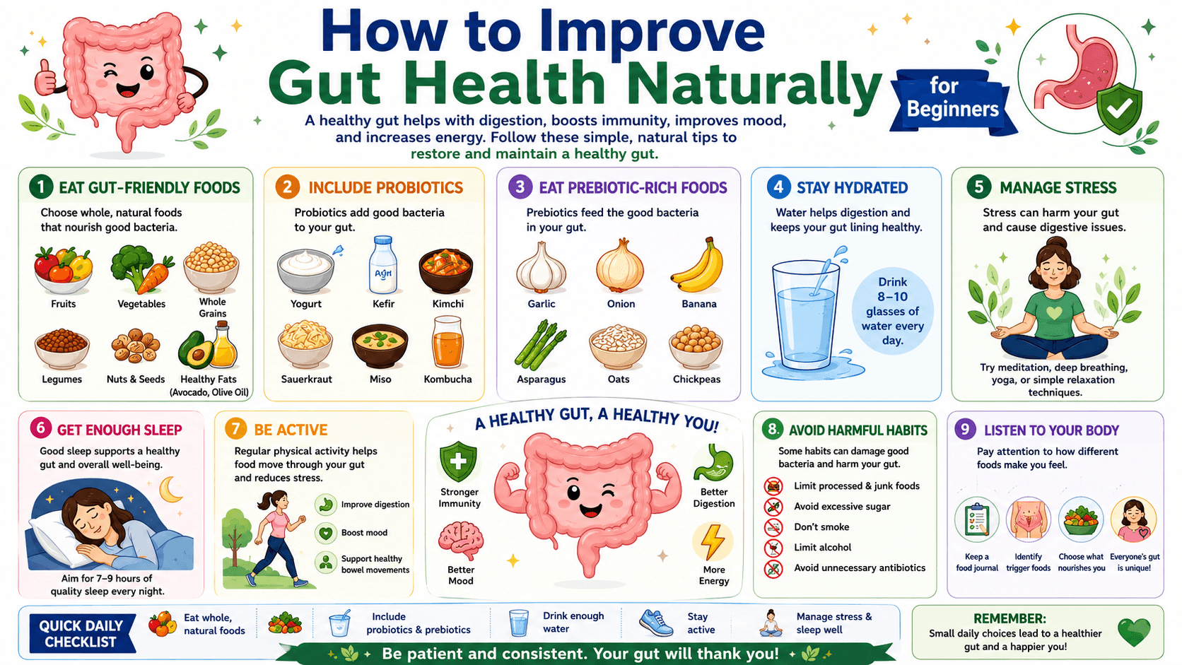 Infographic showing how to improve gut health naturally for beginners, including tips like eating fiber-rich foods, adding probiotics and prebiotics, staying hydrated, managing stress, getting enough sleep, exercising regularly, and avoiding processed foods.