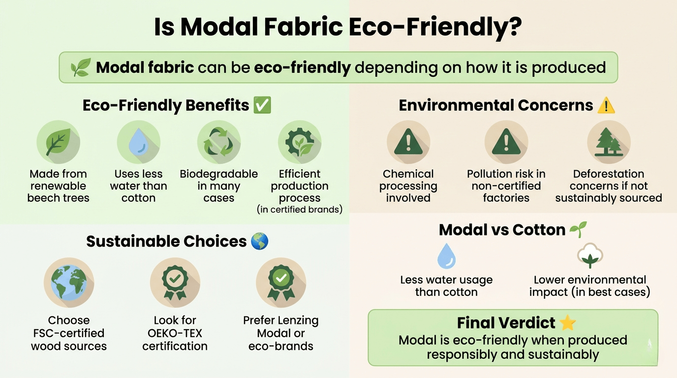 Infographic explaining whether modal fabric is eco-friendly, showing benefits, environmental concerns, sustainable choices, comparison with cotton, and final verdict on sustainability.