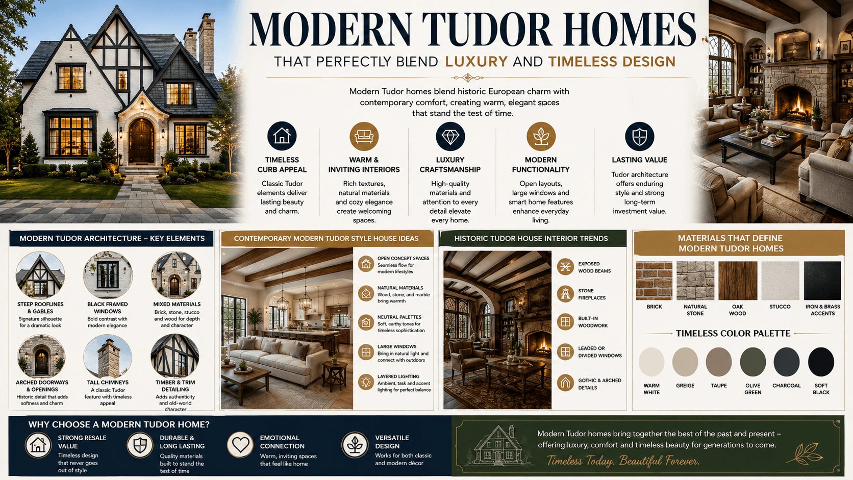 Modern Tudor homes infographic featuring luxury exterior architecture, contemporary Tudor interiors, historic Tudor house interior elements, and timeless modern Tudor design ideas.