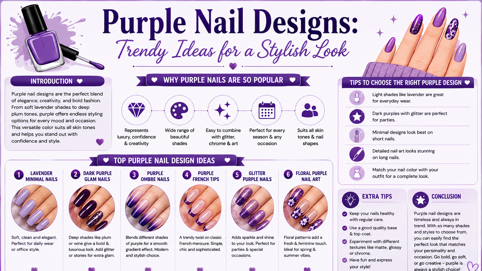 Alt Text: “Infographic titled ‘Purple Nail Designs: Trendy Ideas for a Stylish Look’ featuring lavender minimal nails, dark glam nails, ombre nails, French tips, glitter nails, and floral nail art, along with tips to choose the right purple nail design and reasons for their popularity.”