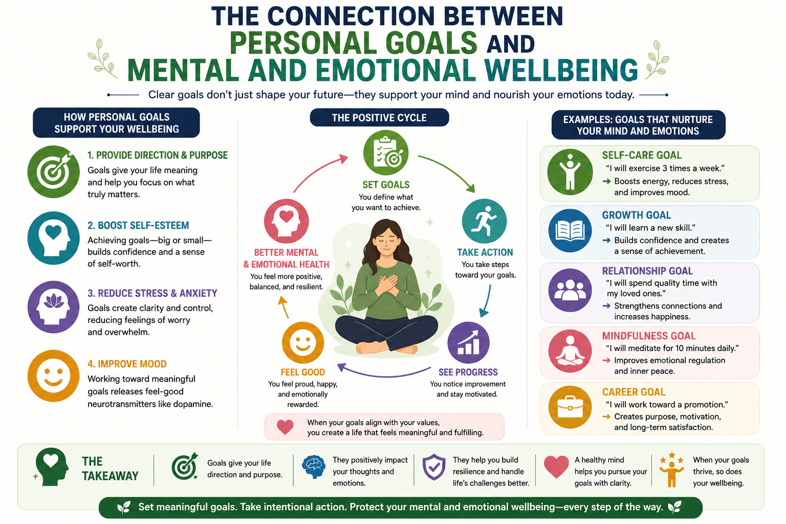 Infographic explaining the connection between personal goals and mental and emotional wellbeing through purpose, confidence, reduced stress, motivation, and positive daily habits