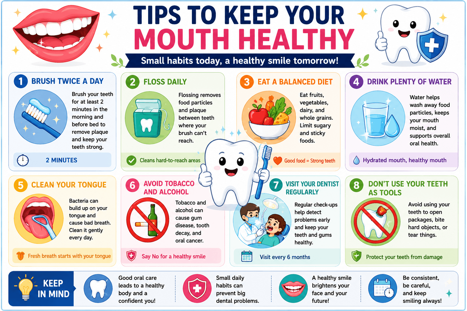 Tips to keep your mouth healthy infographic showing brushing, flossing, healthy diet, drinking water, tongue cleaning, avoiding tobacco, dental visits, and protecting teeth.