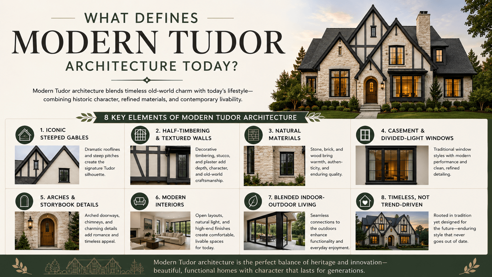 Modern Tudor architecture infographic showing a luxury contemporary Tudor home with steep gables, half timbering, stone exterior walls, divided light windows, modern interiors, and blended indoor outdoor living design elements in a 16:9 layout.