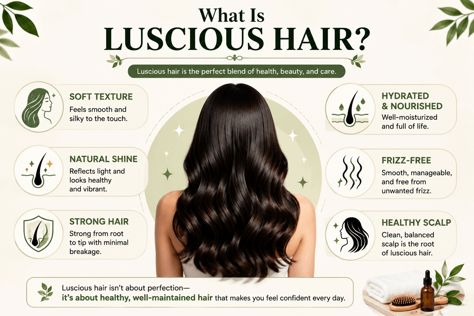 Infographic explaining what luscious hair is, highlighting soft texture, natural shine, strong strands, hydrated and nourished hair, frizz-free look, and a healthy scalp for shiny and beautiful hair.