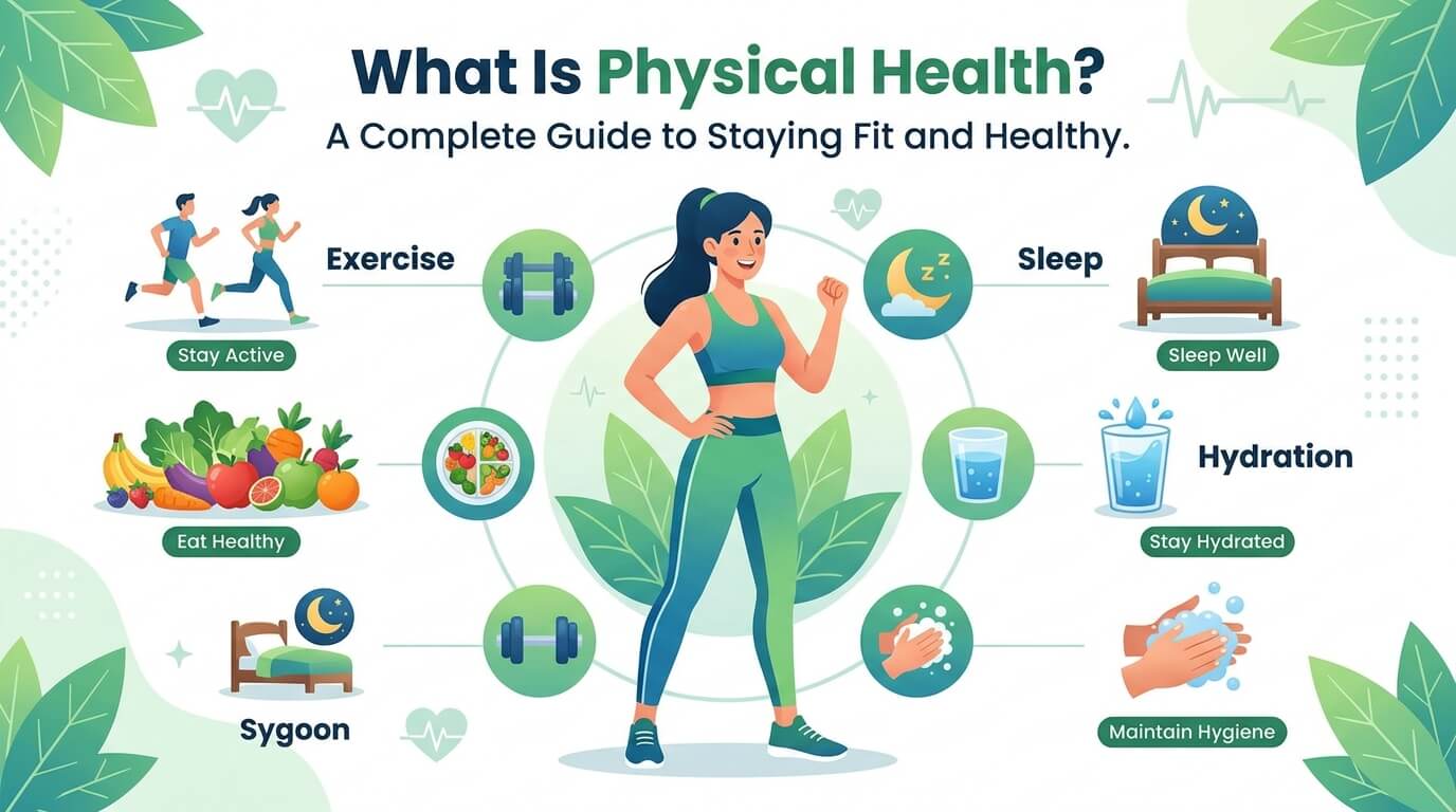 A modern infographic titled “What Is Physical Health? A Complete Guide to Staying Fit and Healthy” showing a healthy woman in the center surrounded by icons representing exercise, healthy eating, sleep, hydration, and hygiene, highlighting key components of physical health.