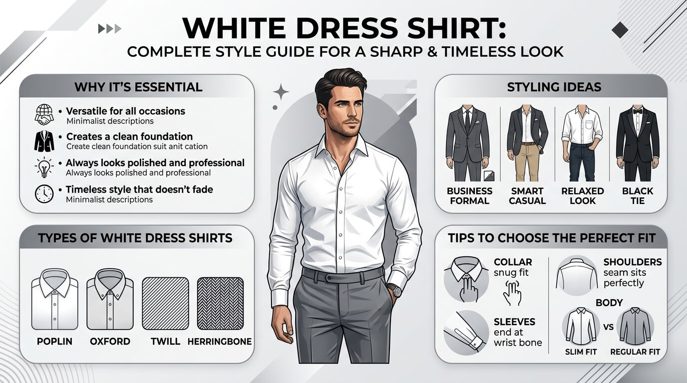 “Infographic titled ‘White Dress Shirt: Complete Style Guide for a Sharp & Timeless Look’ showing styling ideas, types of fabrics, fit tips, and reasons why a white dress shirt is essential for every occasion.”