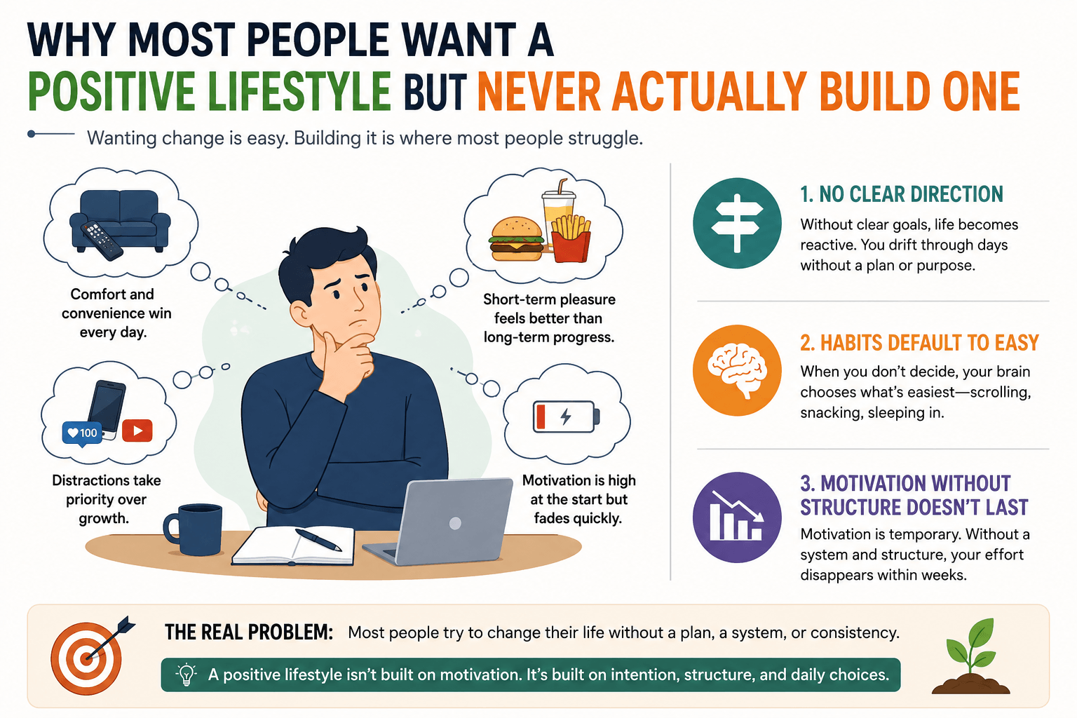 Infographic explaining why most people struggle to build a positive lifestyle due to lack of goals, weak habits, distractions, and inconsistent motivation
