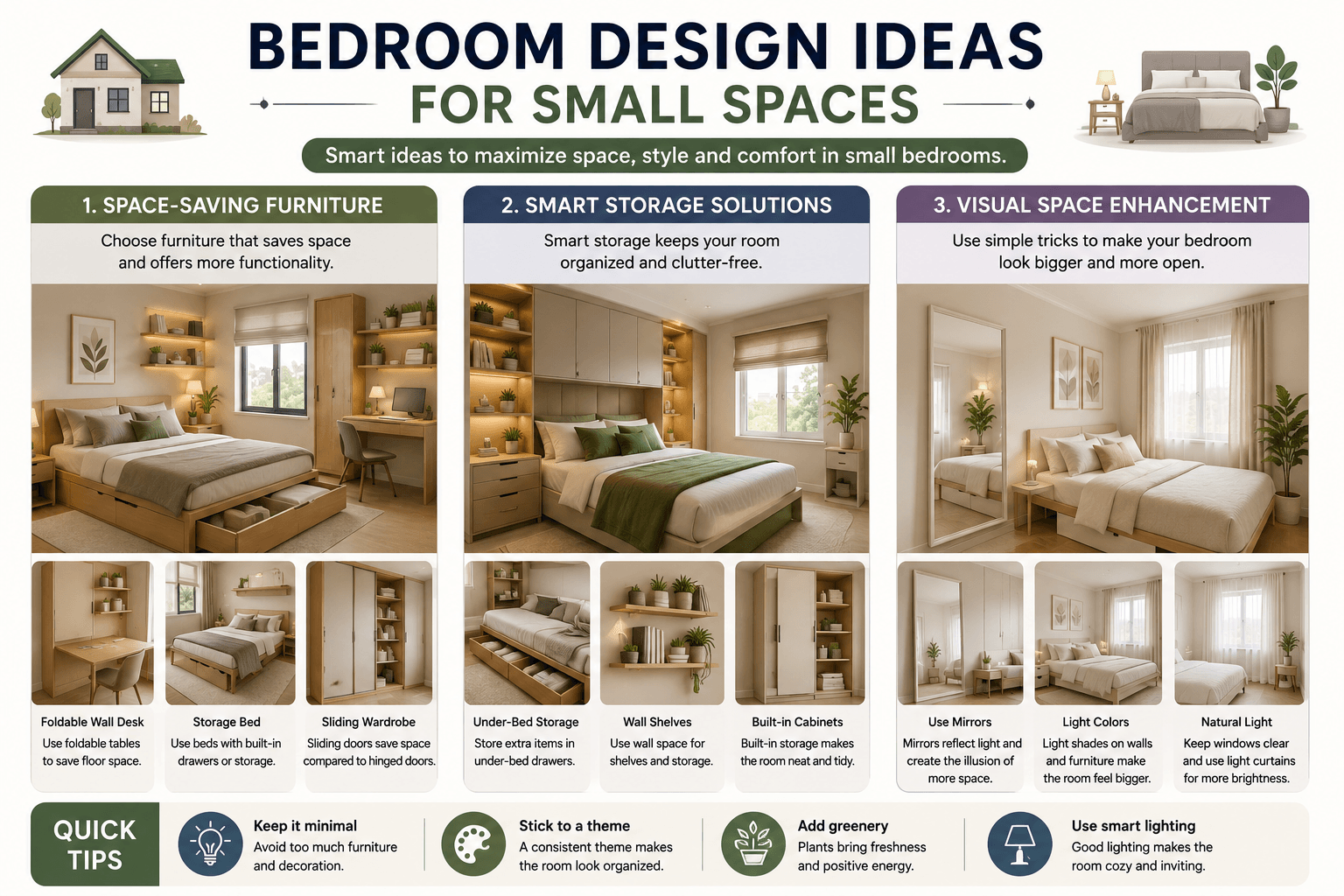Infographic showing bedroom design ideas for small spaces, including space-saving furniture, smart storage solutions, and visual tricks like mirrors, light colors, and natural lighting to make rooms look bigger.