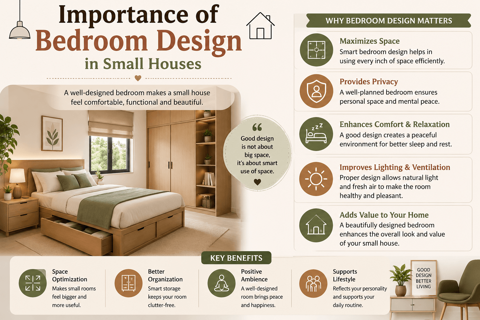 Infographic showing the importance of bedroom design in small houses, highlighting space optimization, privacy, comfort, lighting, and smart storage ideas.