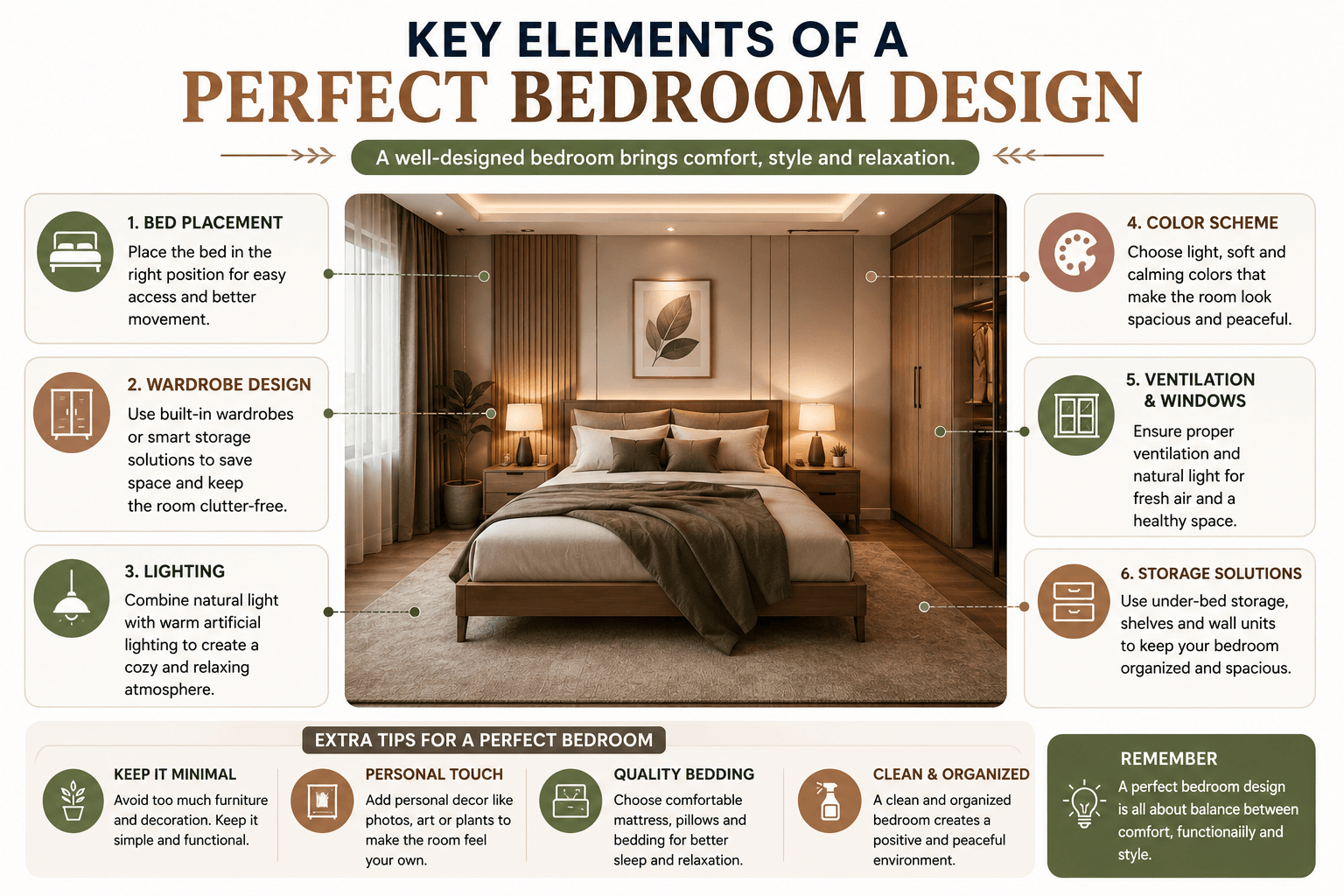 Infographic showing key elements of a perfect bedroom design, including bed placement, wardrobe design, lighting, color scheme, ventilation, and smart storage solutions for a comfortable and organized space.