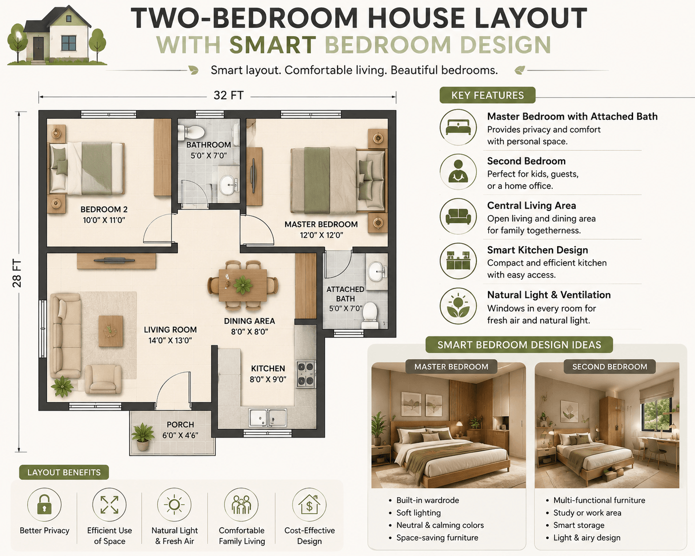 Two-bedroom house layout with smart bedroom design showing floor plan, master and second bedroom, kitchen, living area, and space-saving features