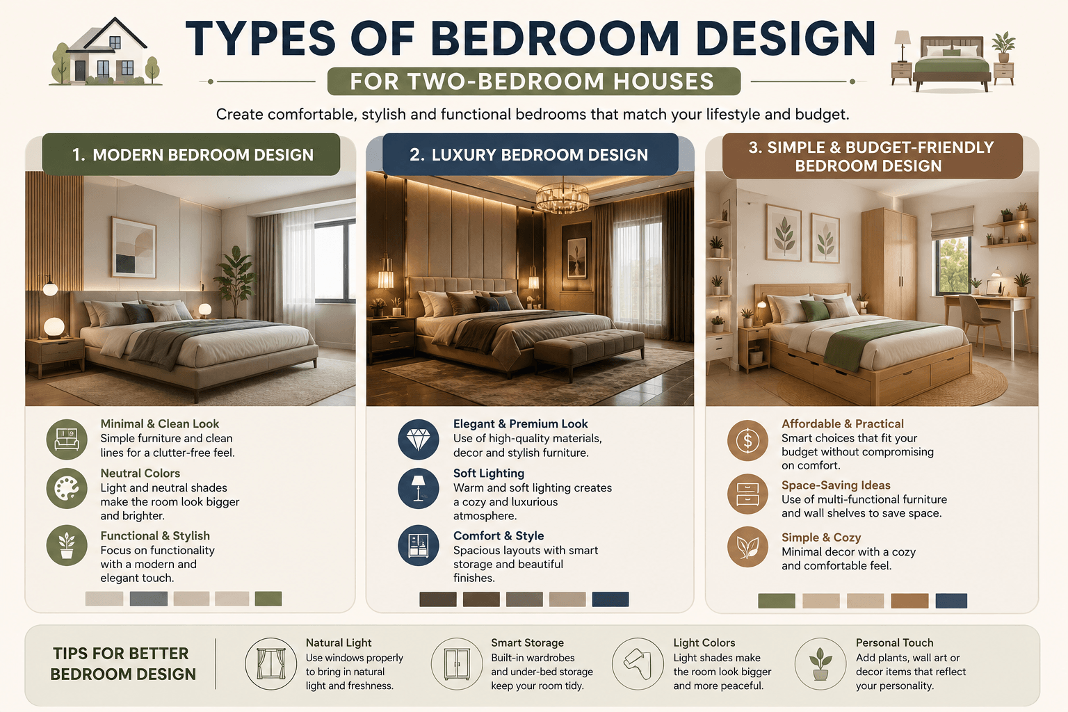 Infographic showing types of bedroom design for two-bedroom houses including modern, luxury, and simple budget-friendly bedroom styles with design tips.