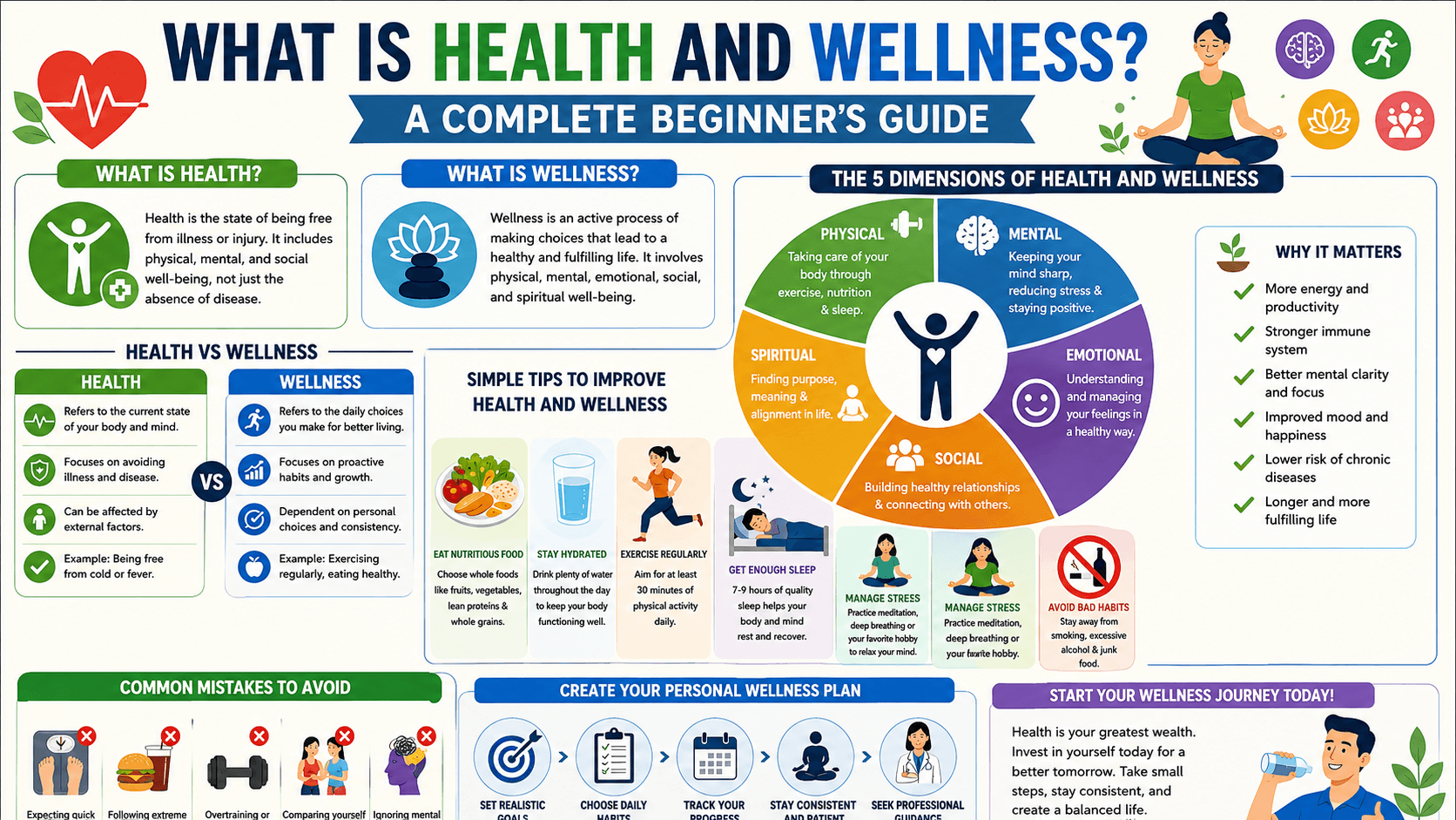 Infographic explaining what is health and wellness, including definitions, differences between health and wellness, five dimensions of wellness such as physical mental emotional social and spiritual, simple health tips, common mistakes to avoid, and steps to create a personal wellness plan.