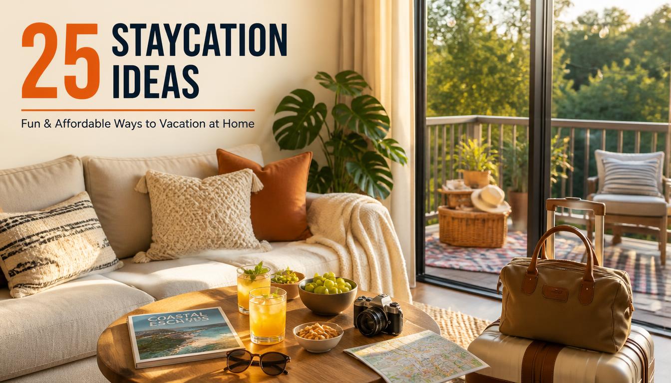 Create a high-resolution 16:9 editorial lifestyle photograph for a travel and lifestyle blog article titled “Staycation Ideas: 25 Fun and Affordable Ways to Vacation at Home.” Show a beautiful, cozy home transformed into a relaxing vacation retreat. Create a visually rich scene with a comfortable sofa, soft neutral cushions, warm ambient lighting, a small wooden table with refreshing drinks, snacks, a travel magazine, sunglasses, and a neatly packed small weekend bag. In the background, show large windows with warm natural sunlight, indoor plants, and subtle vacation-inspired decor. Include a cozy outdoor patio or balcony visible through the windows, with a small picnic setup and comfortable seating. Make the image feel relaxing, cheerful, affordable, realistic, and aspirational, while clearly communicating the idea of enjoying a vacation without leaving home. Add subtle travel elements such as a small suitcase, map, camera, and sunglasses, but keep everything natural and uncluttered. Use cinematic natural lighting, realistic textures, warm tones, professional lifestyle photography, shallow depth of field, crisp details, premium editorial composition, 4K quality, photorealistic appearance. Place the main visual elements toward the sides and lower portion of the composition, leaving clean negative space in the upper-left area for readable text. Add elegant overlay text in the upper-left: “25 STAYCATION IDEAS” Smaller text underneath: “Fun & Affordable Ways to Vacation at Home” Use modern, bold, clean typography that remains highly readable without covering important visual elements. No people with distorted faces, no excessive objects, no clutter, no logos, no watermark.
