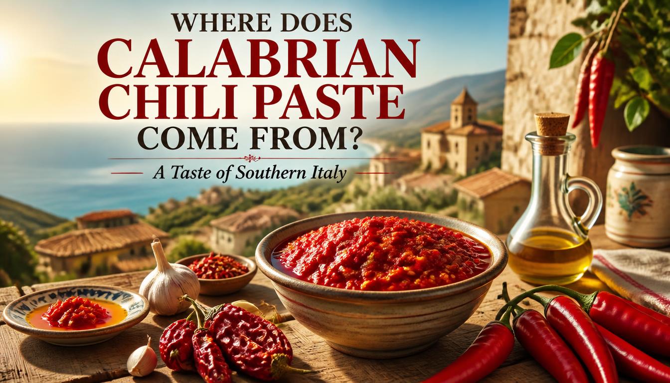 Create a photorealistic editorial food image for the blog section “Where Does Calabrian Chili Paste Come From?” Show Calabria in southern Italy through a beautiful Mediterranean countryside and coastal setting. In the foreground, place a rustic ceramic bowl filled with vibrant red Calabrian chili paste on an aged wooden table. Surround it with fresh Calabrian chili peppers, dried red peppers, olive oil, garlic, and a traditional Italian serving plate. In the background, show a charming Calabrian village with warm-colored stone buildings, green hills, and a glimpse of the Mediterranean Sea. The scene should communicate the authentic regional origin of the ingredient without looking like a tourist advertisement. Use warm natural sunlight, realistic textures, subtle shadows, and a premium Italian food-magazine aesthetic. Keep the chili paste and peppers clearly visible as the main foreground subjects while the Calabria landscape remains softly detailed in the background. 16:9 landscape, photorealistic, highly detailed, natural Mediterranean colors, professional editorial photography, no people, no logos, no watermark. Overlay Text: WHERE DOES CALABRIAN CHILI PASTE COME FROM? A Taste of Southern Italy Text Placement: Position the main title in the upper-left or upper-center area with a bold, elegant, highly readable font. Place the subtitle directly underneath in a smaller complementary font. Keep the text away from the bowl and peppers, maintain strong contrast, and ensure every word is correctly spelled.