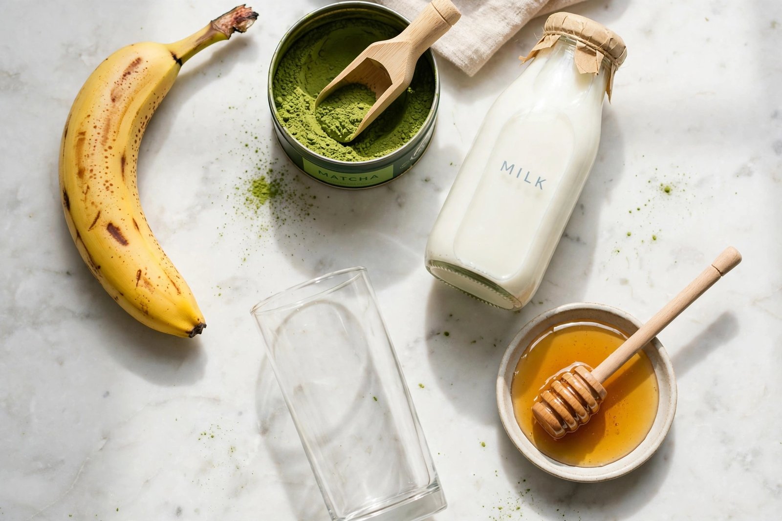 Ingredients for a banana matcha latte laid out flat