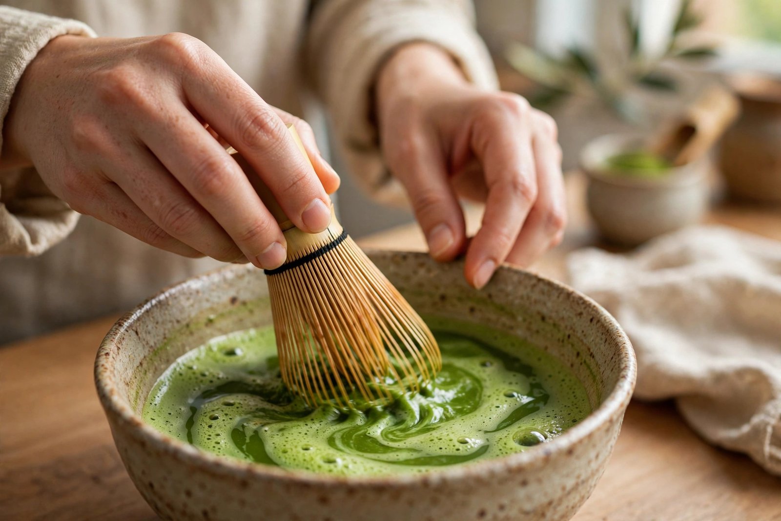 Whisking matcha for a banana matcha latte