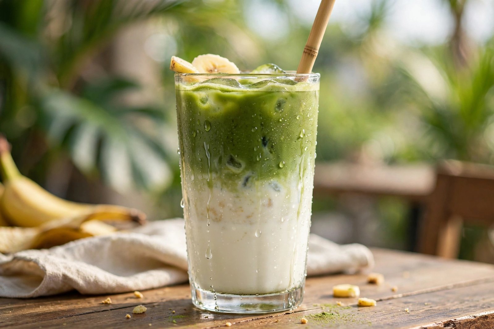 Layered banana matcha latte drink