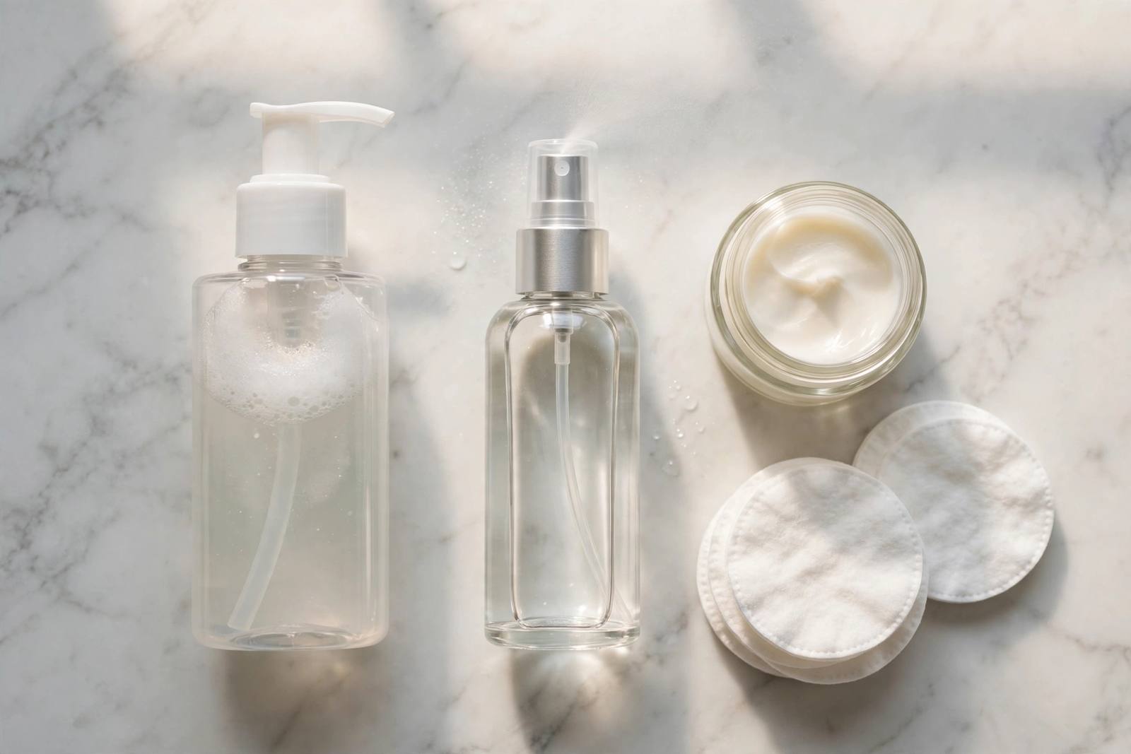 Misting hypochlorous acid spray over clean skin after cleansing