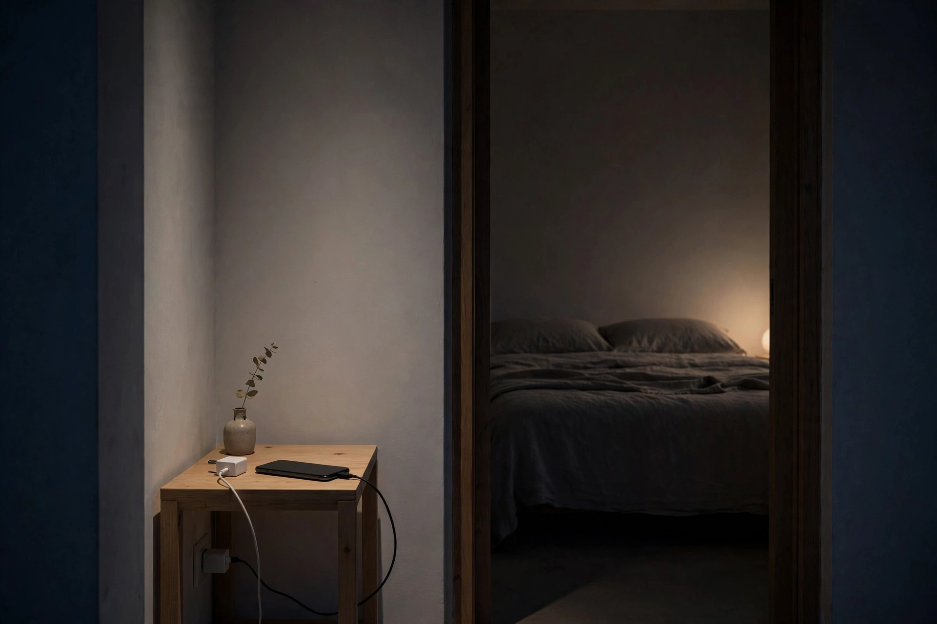 Phone left outside the bedroom at night