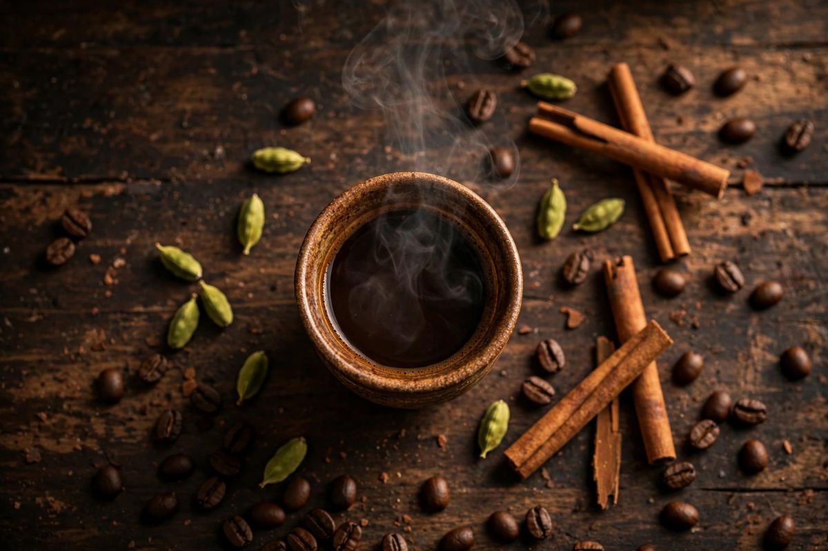Brewing Yemeni coffee in a small stovetop pot