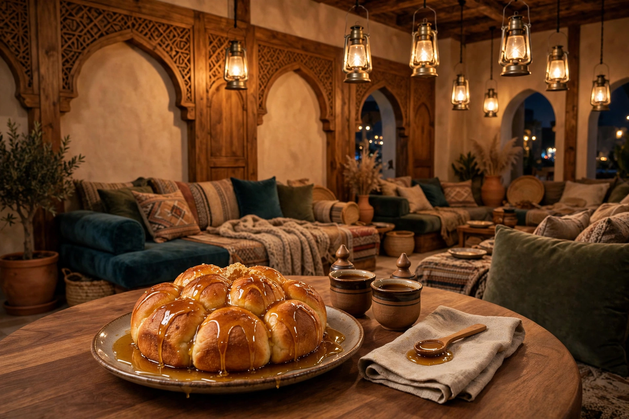 Yemeni café interior with honeycomb bread and coffee
