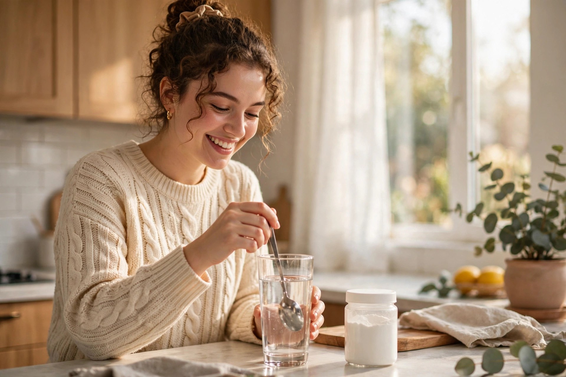 Woman stirring creatine powder into water in a bright morning kitchen