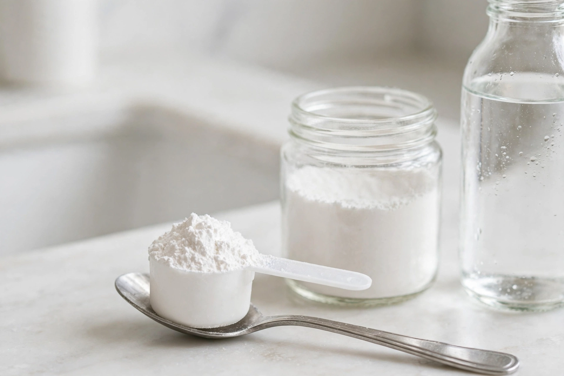 Measuring scoop of creatine powder beside a water bottle