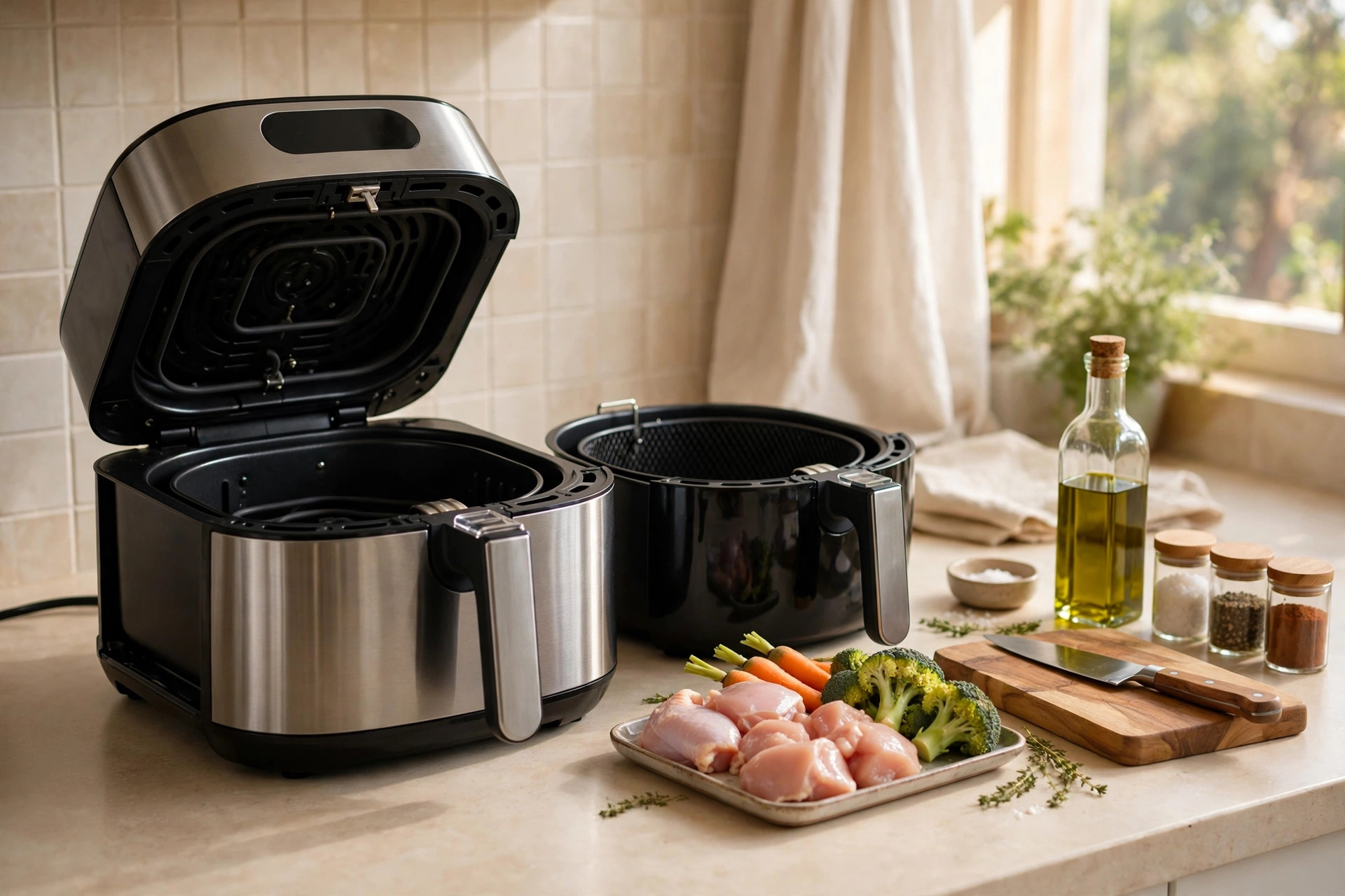 Beginner air fryer setup with food ready to cook