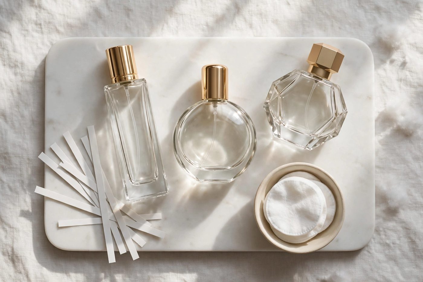 Perfume bottles flat lay on marble tray