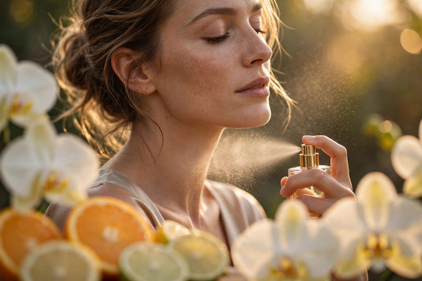 Woman applying perfume to her neck in golden light