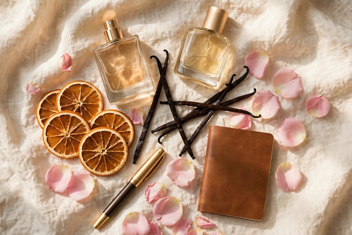 Flat lay of perfume layering essentials