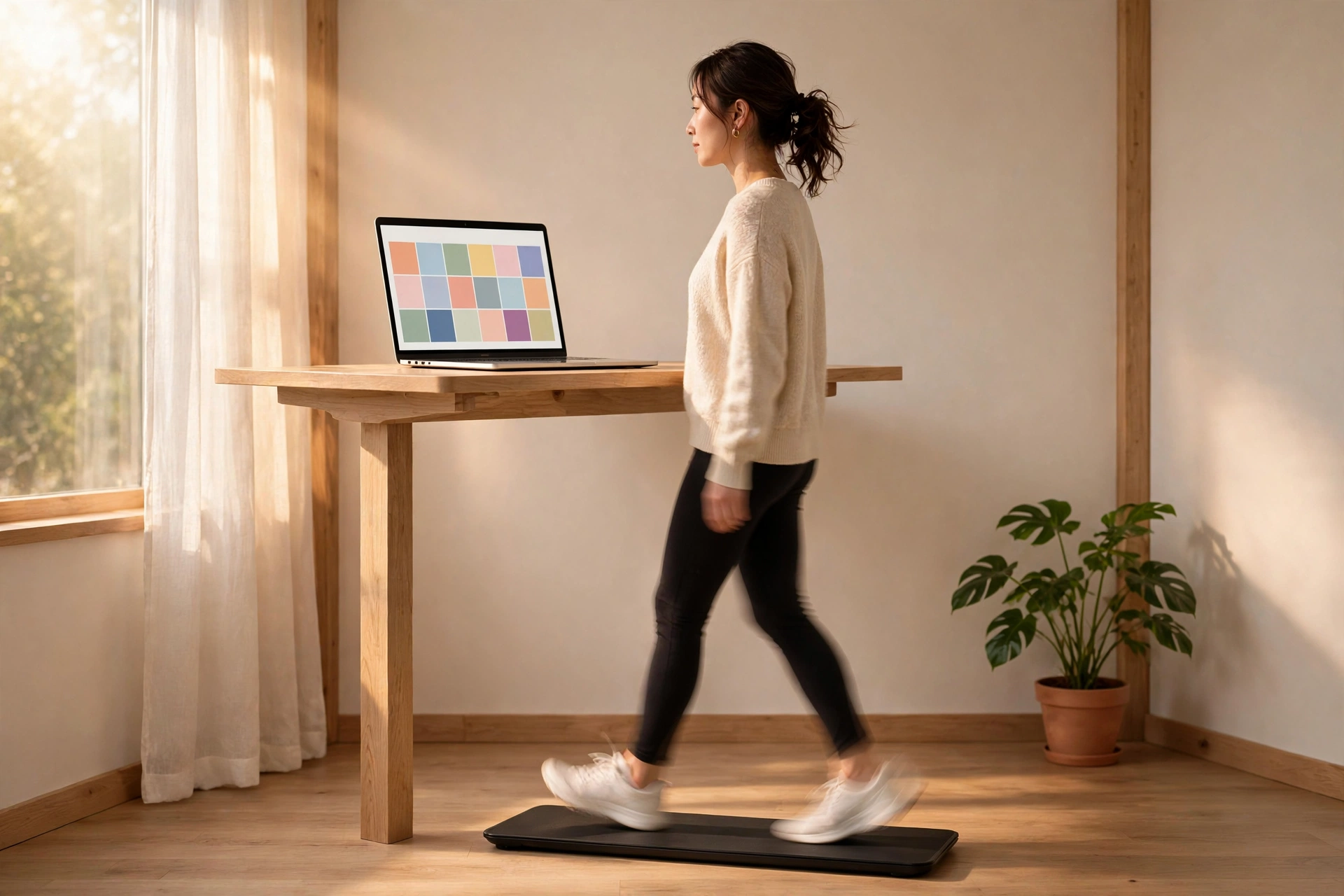 Woman walking on a walking pad at a standing desk with a laptop