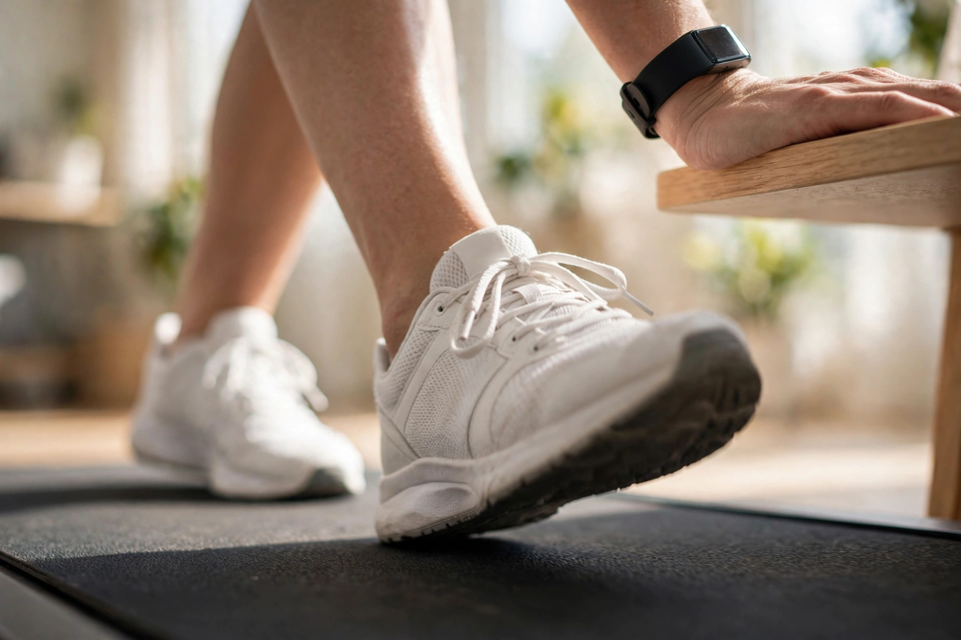 Close-up of feet walking on a walking pad while tracking steps with a fitness watch