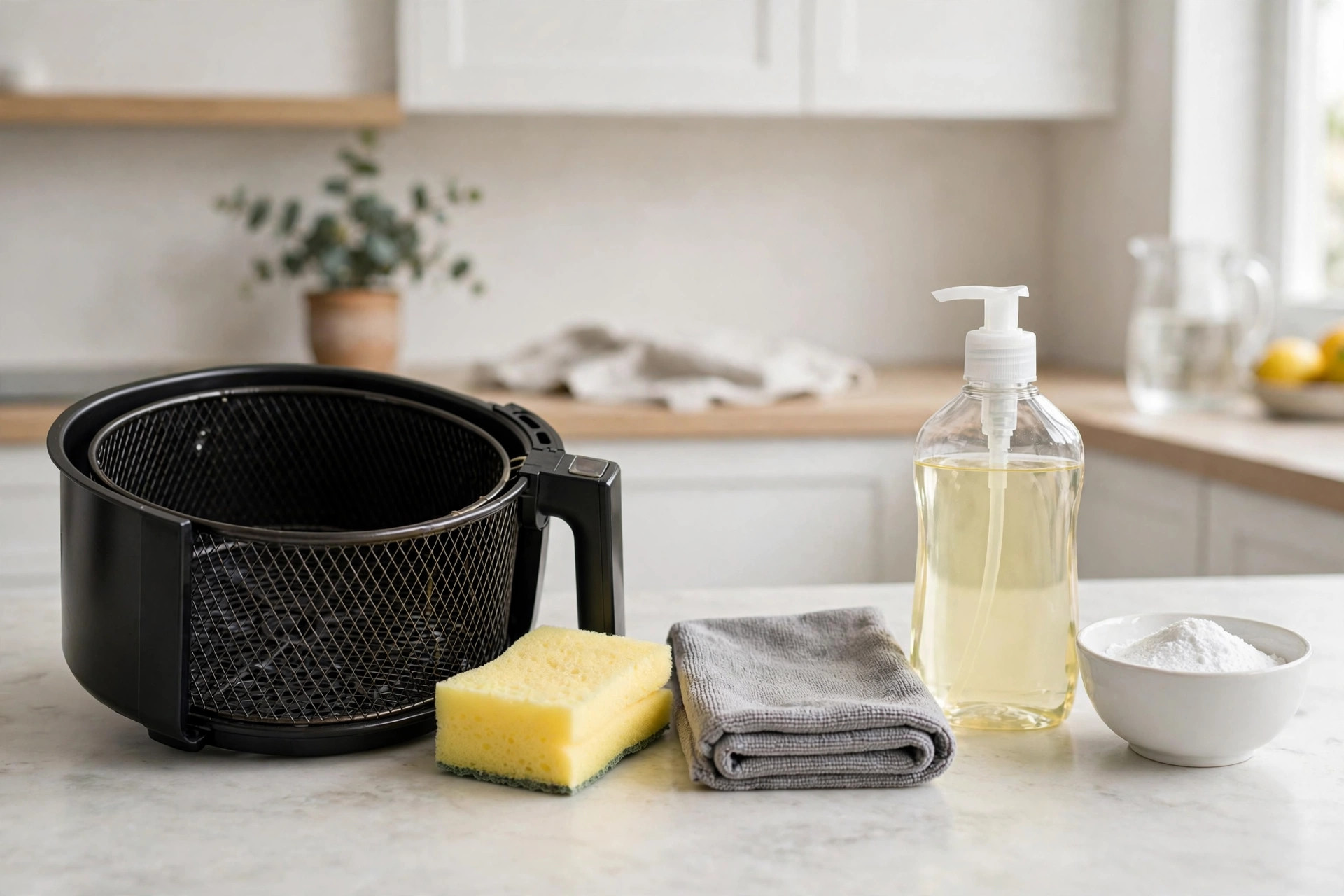 Cleaning supplies arranged on a bright kitchen counter beside the air fryer basket